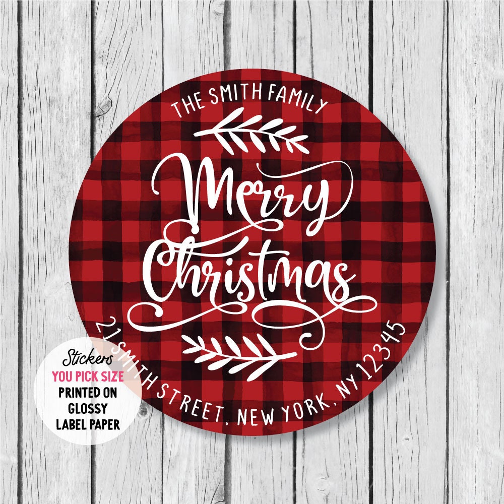 Red Plaid Christmas Address Label Sticker, Christmas Card Return Address Label Seal, Buffalo Plaid Glossy Party Favor Tag
