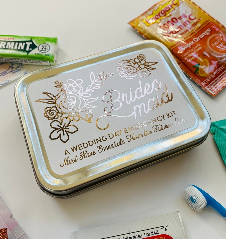 Bridesmaid Wedding Day Survival Kit Gift, Will You Be My Bridesmaid Hangover Emergency Kit, Bridesmaid Gift Box Tin image 4