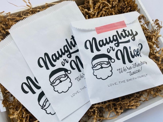 Black And White Christmas Party Treat Bag Naughty Or Nice, Printed Gag Gift Bag for Christmas Cookies Candy, Holiday Gift Packaging Sticker Il_570xn