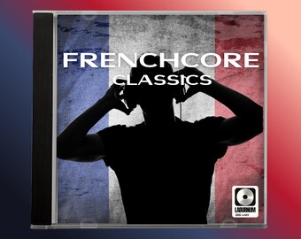 May include: A CD case featuring the text "FRENCHCORE CLASSICS" over a distressed French flag design. A black silhouette of a person wearing headphones is in the center. The Laburnum Labs logo is in the lower right corner.