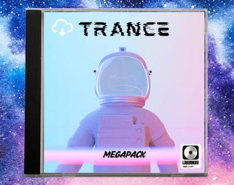 Könnte beinhalten: Eine CD-Hülle mit Weltraum-Design. Das Cover zeigt eine Astronauten-Illustration mit dem Wort "TRANCE" in Glitch-Text. Unter dem Astronauten steht das Wort "MEGAPACK" und ein Logo für Laburnum Labs.