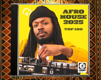 May include: CD case with a yellow cover featuring a man with dreadlocks wearing a black beanie and yellow jacket. The text "AFRO HOUSE 2025 TOP 100" is displayed. The CD case is set against a patterned background.