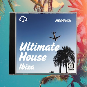 May include: A CD case with the text "Ultimate House Ibiza" against a backdrop of a blue sky, palm trees, and an airplane. The CD case also has the text "MEGAPACK" and a logo.