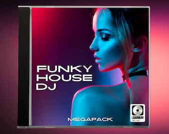 May include: A CD case with the text "FUNKY HOUSE DJ" in white, with a woman's profile in blue and red lighting. The word "MEGAPACK" is below the text, and a logo is in the bottom right corner. The case has a black spine.
