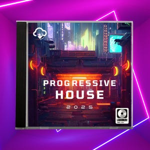 Può includere: Un'immagine di un CD con un design di paesaggio urbano futuristico, con luci al neon e la scritta "PROGRESSIVE HOUSE 2025". La custodia del CD ha un dorso nero e un logo in basso a destra.