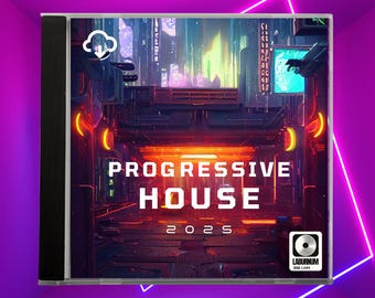 May include: A CD case featuring a futuristic cityscape design with neon lights and the words "PROGRESSIVE HOUSE 2025." The CD case has a black spine and a logo in the lower right corner.