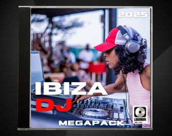 Peut inclure: Boîtier de CD avec le texte "IBIZA DJ MEGAPACK" en rouge et blanc. Une personne portant une casquette rouge et un casque utilise un équipement de DJ. L'année "2025" est affichée. Le logo Laburnum Labs est en bas à droite.