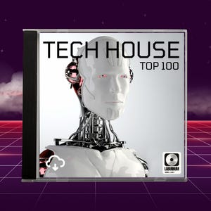 Puede incluir: Una caja de CD con una cabeza de robot blanca y el texto "TECH HOUSE TOP 100". El robot tiene ojos rojos y detalles metálicos. El fondo es un degradado de morado y rosa.