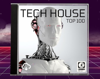 May include: A CD case featuring a futuristic robot head with red eyes and metallic components. The text "TECH HOUSE TOP 100" is displayed in bold, black letters. The background is a gradient of purple and pink.