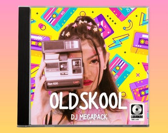 May include: A CD case with a retro design featuring a woman holding a vintage camera. The case has a yellow background with cassette tapes and geometric shapes. The text "OLDSKOOL DJ MEGAPACK" is displayed in white.