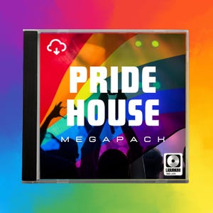 May include: A CD case with a vibrant rainbow design and the words "PRIDE HOUSE MEGAPACK" in bold white letters. The image features silhouettes of people and a logo in the bottom right corner.