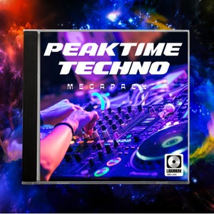 May include: A CD case featuring the text "PEAKTIME TECHNO MEGAPACK" in white. The image inside shows a DJ mixing board with hands adjusting the controls. The background is a vibrant mix of blues, purples, and pinks, with a logo in the bottom right corner.