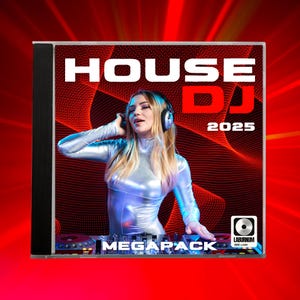 Puede incluir: Caja de CD con el texto "HOUSE DJ 2025" en blanco sobre un fondo rojo. Se muestra una persona con auriculares y un atuendo plateado. La palabra "MEGAPACK" está en la parte inferior.