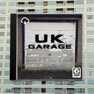 May include: CD case with the words "UK GARAGE TOP 100" displayed over a distressed garage door image. The CD case has a black spine and a Laburnum Labs logo.