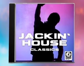 May include: CD case featuring the text "JACKIN' HOUSE CLASSICS" in white block letters. The background is a gradient of purple and pink with a black silhouette of a person. The CD case has a black spine and a small logo.