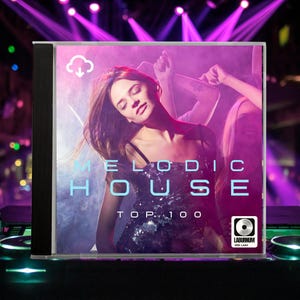 May include: A CD case featuring a woman in a sequined top with the words "Melodic House Top 100". The cover has a purple and pink background with a cloud icon. The CD case has a black spine and a Laburnum Labs logo.