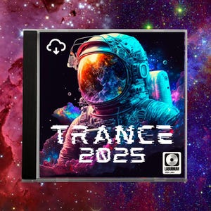 Puede incluir: Una caja de CD con una ilustración de astronauta que refleja una nebulosa colorida en su casco. El texto blanco "TRANCE 2025" se muestra, acompañado de un icono de nube y un logotipo. El fondo es una escena espacial vibrante.