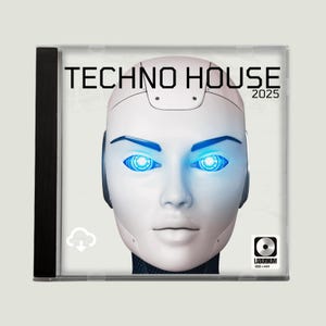 May include: A CD case featuring a futuristic robot face with glowing blue eyes. The text "TECHNO HOUSE 2025" is displayed above the robot's head. A cloud icon and a logo are visible on the case.