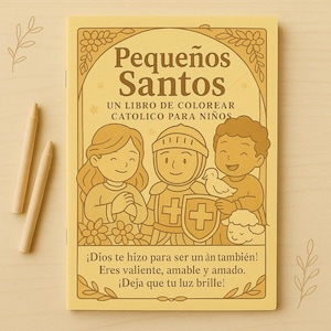 May include: A children's coloring book titled "Pequeños Santos" in Spanish, featuring illustrations of cartoon saints. The cover is beige with brown text and illustrations. Two beige crayons are on the left side of the book.