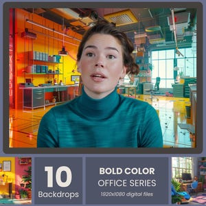 Peut inclure: Une femme portant un col roulé turquoise devant un arrière-plan de bureau virtuel. L'image affiche "10 Backdrops" et "BOLD COLOR OFFICE SERIES 1920x1080 digital files". L'arrière-plan présente un cadre de bureau coloré et moderne.