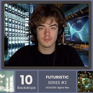 May include: A young person wearing headphones in front of a futuristic digital backdrop. The image is framed by a dark border and includes text that reads "10 Backdrops" and "FUTURISTIC SERIES #2 1920x1080 digital files."