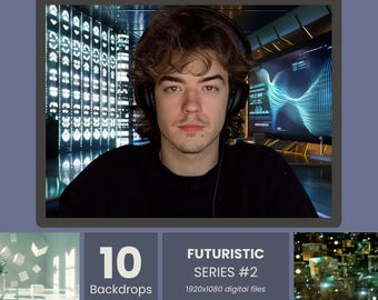 May include: A young person wearing headphones in front of a futuristic digital backdrop. The image is framed by a dark border and includes text that reads "10 Backdrops" and "FUTURISTIC SERIES #2 1920x1080 digital files."