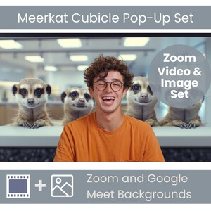 May include: A man in an orange shirt and glasses laughs, with meerkats on either side. The image is labelled "Meerkat Cubicle Pop-Up Set" and includes text for "Zoom Video & Image Set" and "Zoom and Google Meet Backgrounds."