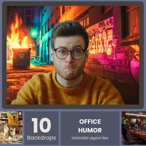 Könnte beinhalten: Ein Mann mit Brille und gelbem Pullover vor einem digitalen Hintergrund eines brennenden Müllcontainers in einer Gasse. Das Bild ist Teil eines Sets von 10 Hintergründen mit der Bezeichnung "Office Humor", erhältlich als digitale Dateien mit 1920x1080 Pixeln.