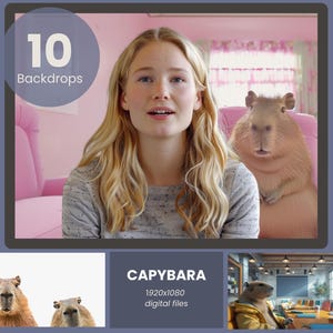 May include: A digital art image featuring a woman with blonde hair and a capybara. The image includes the text "10 Backdrops" in a circle and "CAPYBARA 1920x1080 digital files". The background is a pink room.