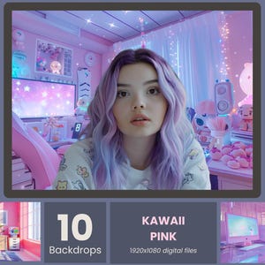May include: A woman with purple hair is centered in a pink-themed room, framed by a digital display. The image includes text that reads "10 Backdrops" and "KAWAII PINK 1920x1080 digital files."