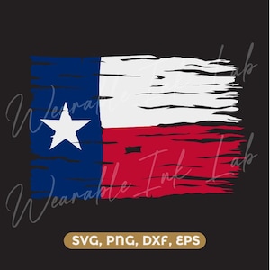 Könnte beinhalten: Eine Grafik der Flagge von Texas im Used-Look mit einem vertikalen blauen Streifen und einem weißen Stern auf der linken Seite sowie horizontalen weißen und roten Streifen rechts. Der Text unten lautet SVG, PNG, DXF, EPS.