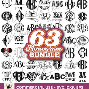 May include: A digital collection of 63 black monogram designs featuring various fonts, shapes, and decorative elements. The central text reads 63 Monogram BUNDLE in orange and white. The bottom banner states COMMERCIAL USE - SVG, DXF, EPS.