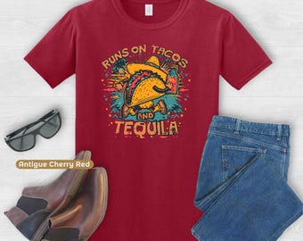 Cinco de Mayo Shirt, Runs on Tacos and Tequila, Funny Fiesta Drinking T-Shirt for Men and Women
