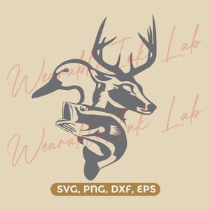 May include: A gray graphic design featuring a duck, deer, and fish. The duck is on the left, the deer in the center, and the fish is at the bottom. The text "SVG, PNG, DXF, EPS" is at the bottom.