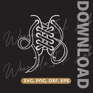 May include: A white line art graphic of a corset-style lace-up design on a dark background. The vertical text DOWNLOAD is displayed on the right side, and the text SVG, PNG, DXF, EPS is centered at the bottom in a tan rectangular box.