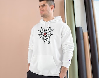 Spider Web Champion Hoodie, Cozy Halloween Sweatshirt, Spooky Season Apparel, Horror Fans Gift, Unique Graphic Hoodie