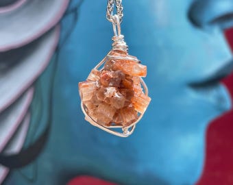 Wire Wrapped Aragonite Pendant Necklace: Copper Core Wire, Stainless Steel Chain