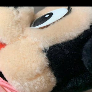 May include: Close-up of a plush toy's face, featuring a large, black and white eye with a white highlight. The toy has a light tan face, black fur, and a red mouth. The plush appears soft and fluffy.