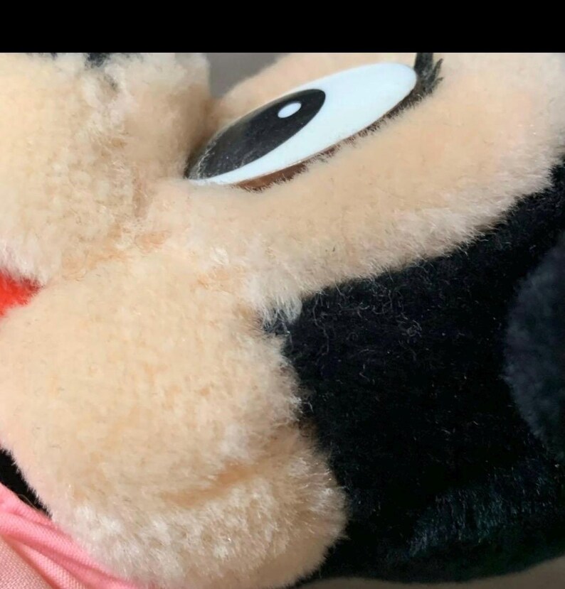 May include: Close-up of a plush toy's face, featuring a large, black and white eye with a white highlight. The toy has a light tan face, black fur, and a red mouth. The plush appears soft and fluffy.