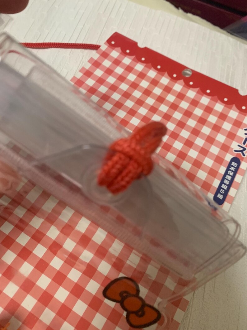 Pode incluir: Uma caixa de pl&aacute;stico transparente com um detalhe em forma de la&ccedil;o vermelho. A caixa &eacute; parcialmente vis&iacute;vel, com um padr&atilde;o xadrez vermelho e branco vis&iacute;vel no fundo. Uma corda vermelha est&aacute; presa &agrave; caixa.