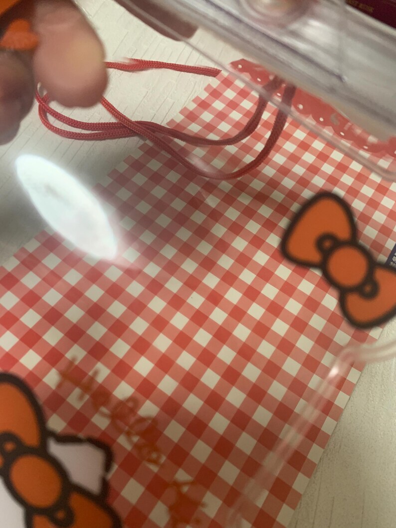 Pode incluir: Uma sacola pl&aacute;stica transparente com um cord&atilde;o vermelho e um padr&atilde;o xadrez vermelho e branco. A sacola apresenta gr&aacute;ficos em forma de la&ccedil;o laranja. O fundo &eacute; uma superf&iacute;cie branca.