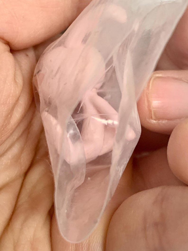 Puede incluir: Una peque&ntilde;a figura de pl&aacute;stico de color rosa p&aacute;lido con forma fetal, encerrada dentro de una bolsa de pl&aacute;stico transparente, fina y arrugada. La figura presenta una cabeza redondeada y extremidades curvas, visibles a trav&eacute;s del material flexible.