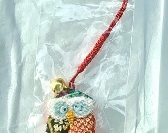 Handmade Chirimen Owl Bell Lucky Charm Strap