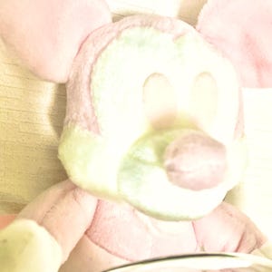 May include: A plush toy character with large rounded ears, a soft pink and pale green color palette, and a rounded snout. The stuffed figure features a smooth, fuzzy texture throughout its body, with prominent ears and a distinct facial structure.