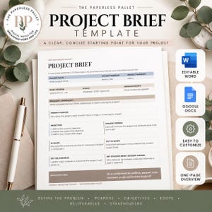 May include: A digital project brief template document titled The Paperless Pallet Project Brief Template. The form includes sections for project name, sponsor, manager, objectives, success criteria, scope, deliverables, and stakeholders.