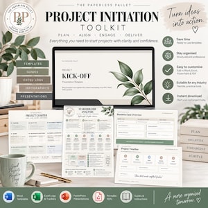 May include: A digital project initiation toolkit featuring a laptop displaying a kick-off presentation, printed project charter, stakeholder analysis, business case overview, and project timeline documents, alongside a mug with text.