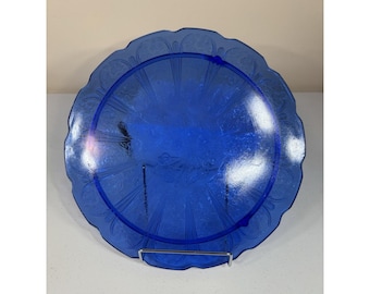 Vintage reproductie depressie glazen taartbord kersenbloesem patroon blauw