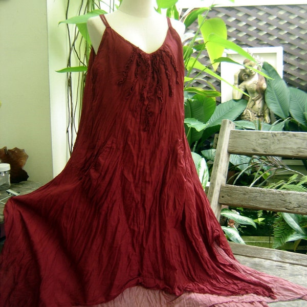 L-XL doble capas vestido de algodón Maxi - vino tinto