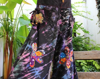 Wide Leg Pants - Black Cotton with Stitched Cotton Flowers - PWT1709-02