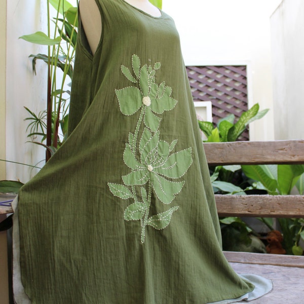 Double Layers Cotton Dress - Saranya 1409-01 Olive Green